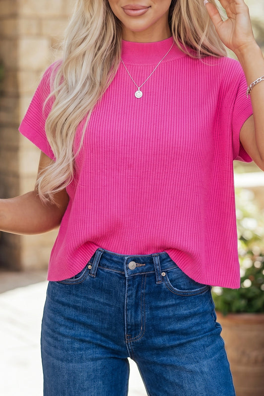 ~PREORDER ~ Bright Pink Ribbed Knit Mock Neck Sweater ~PREORDER ~