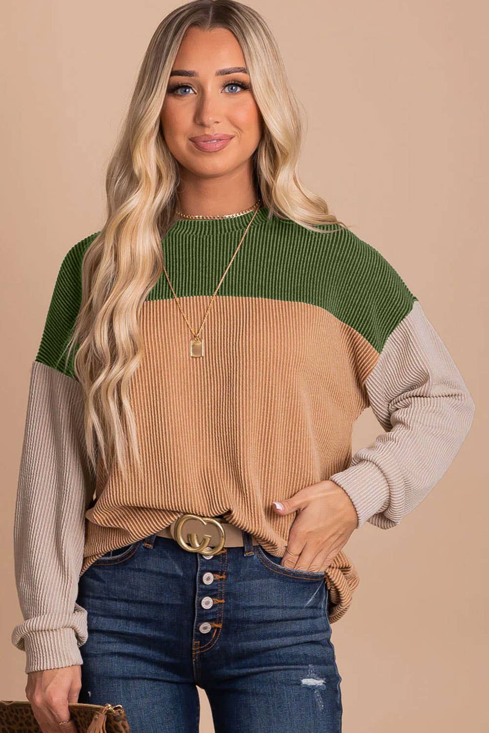 Color Block Long Sleeve Ribbed Loose Top