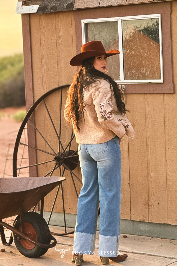 Mid Wash High Rise Cuffed Trouser Jeans | Lucky & Blessed Western Wide Leg Denim
