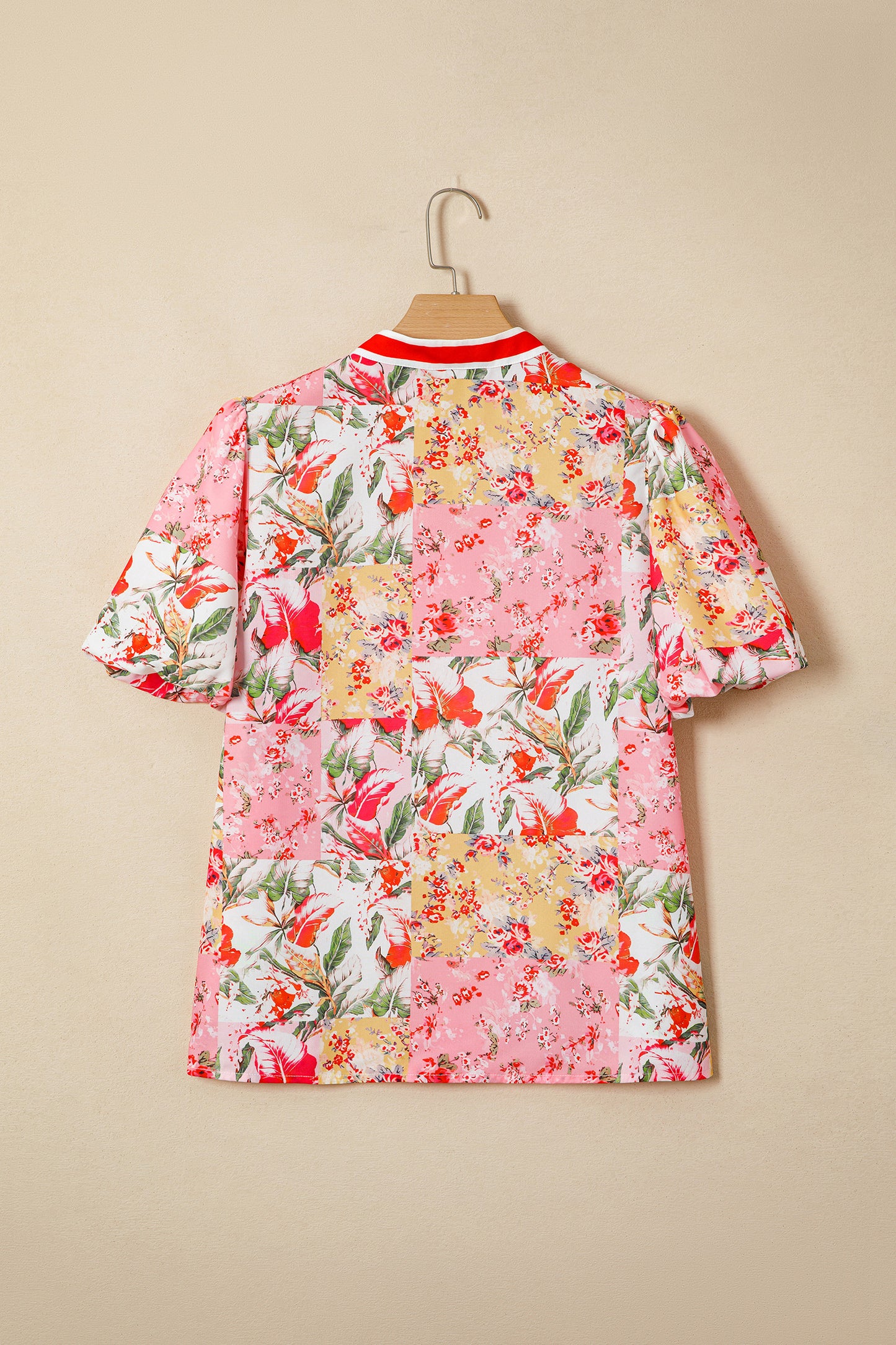Pink Floral Contrast Trim V-Neck Blouse | Puff Sleeve Boutique Top