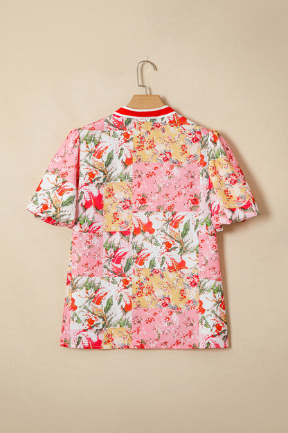 Pink Floral Contrast Trim V-Neck Blouse | Puff Sleeve Boutique Top