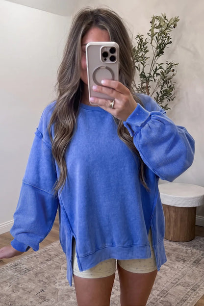 ~PREORDER~ Washed Blue Side Slit Oversized Tunic Sweatshirt ~PREORDER~