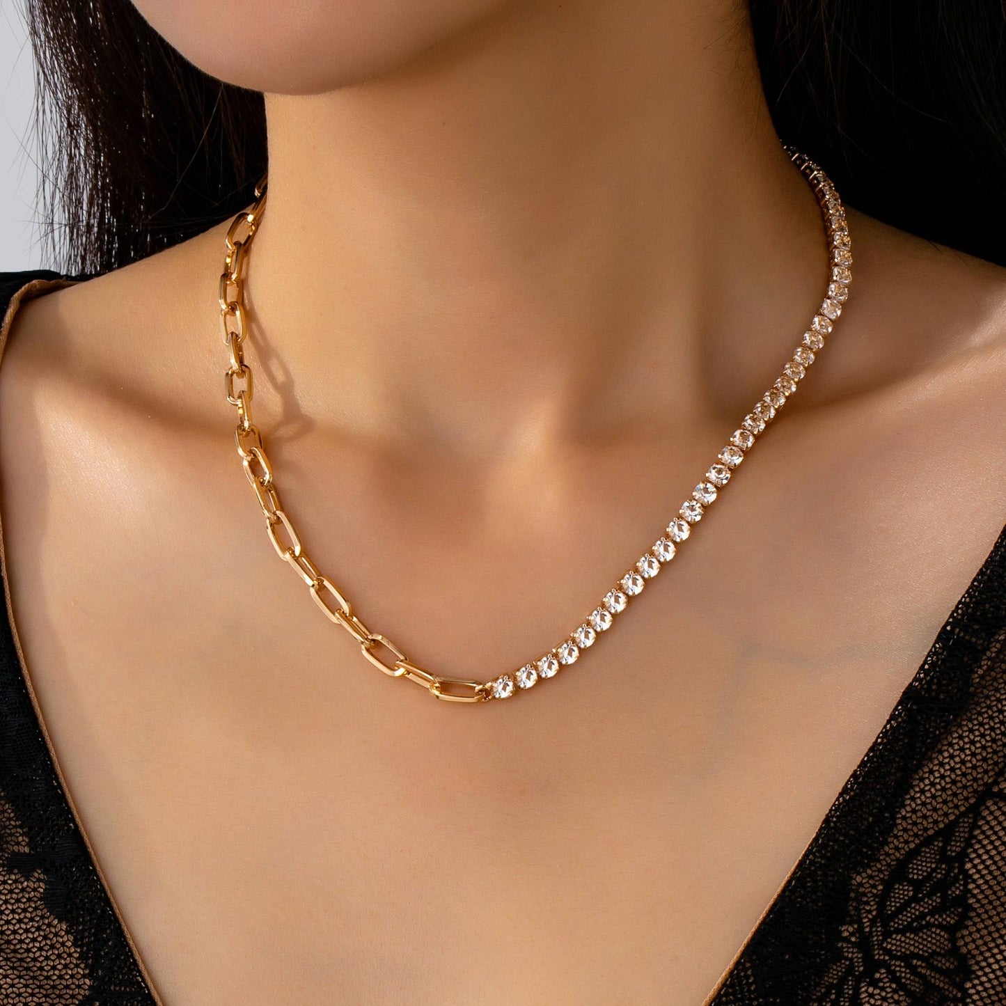Spark Link Necklace | Gold Rhinestone & Link Chain Statement Necklace
