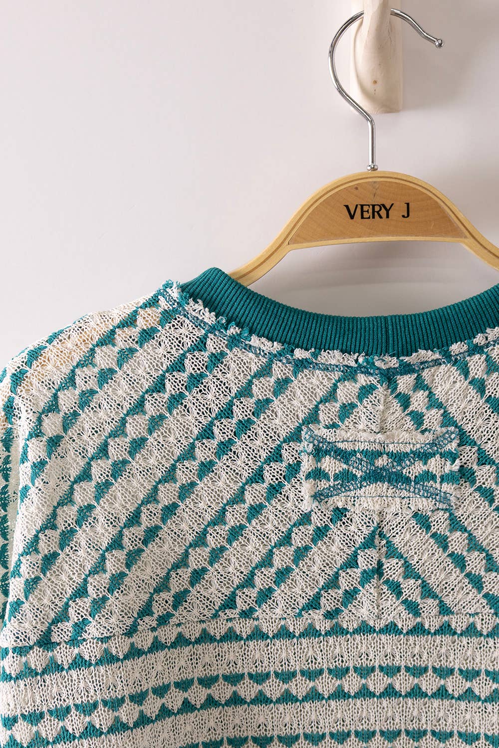Textured Stripe Knit Top | Teal Contrast Ribbed Short Sleeve Shirt