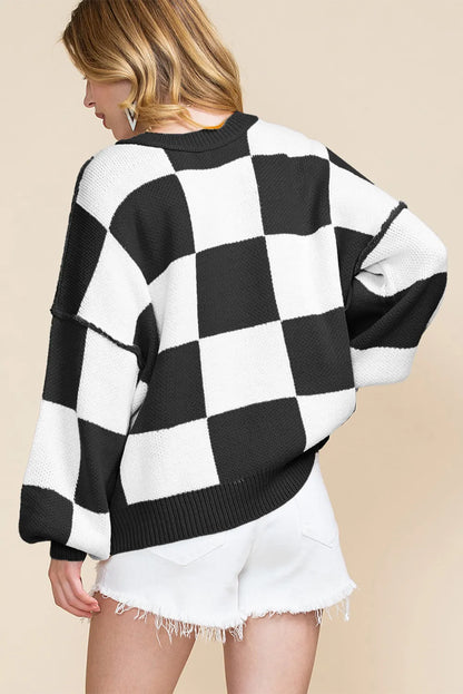 ~PREORDER~ Check Me Out Black & White Checkered Bishop Sleeve Sweater ~PREORDER~