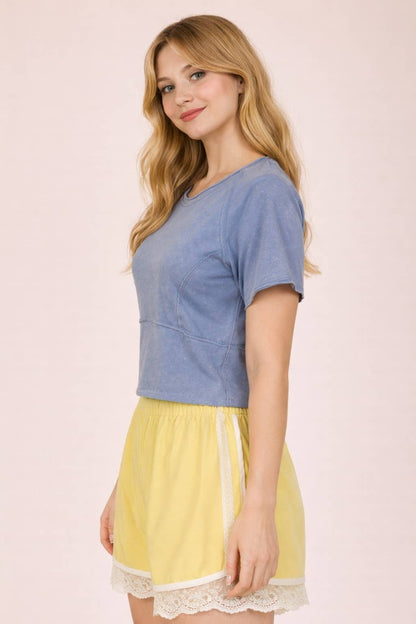 Mineral Washed Fitted Crop Top | Raw Edge Short Sleeve Tee