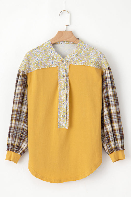 Yellow Floral-Plaid Patchwork Bishop-Sleeve Top – Mixed Print, Relaxed Fit