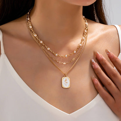 Vintage Rose Layered Necklace | Gold Pearl & Enamel Pendant Necklace