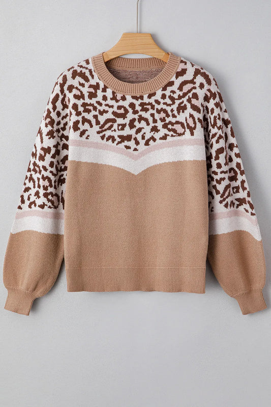 🤎 Wild Heart Color Block Leopard Knit Sweater