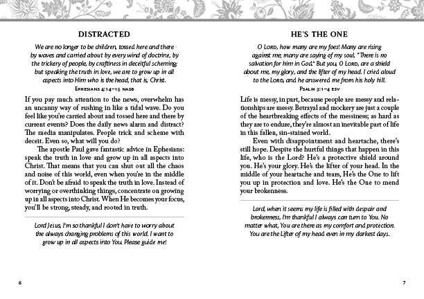 “Cover of 180 Devotions for When Life Is Overwhelming by Hilary Bernstein”

“Inside spread showing a devotion page”

“Paperback devotional book — pocket size”