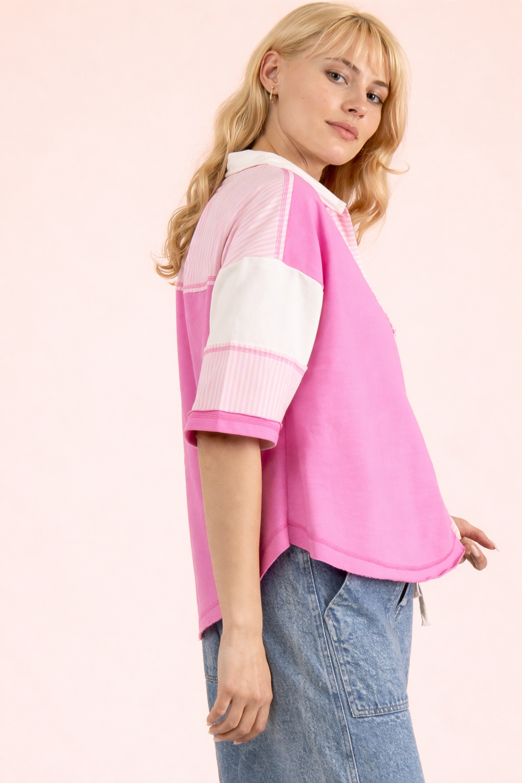 Oversized Collared Knit Top | Contrast Detail Half Sleeve Casual Shirt