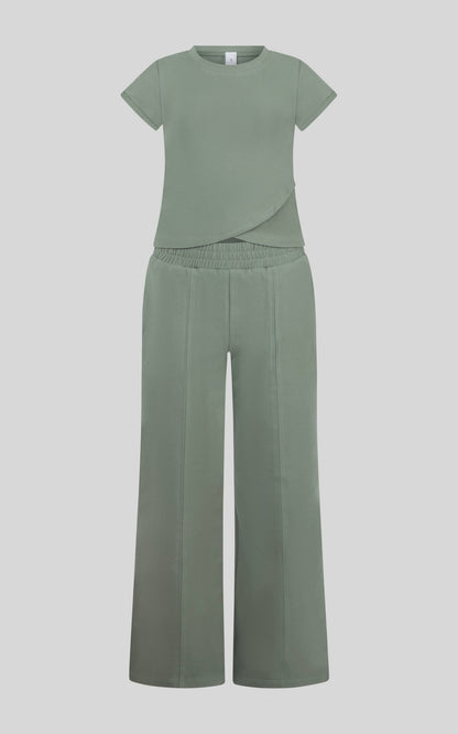 Tween Girls Sage Tulip Hem Top & Wide Leg Pants Set | Jersey Two-Piece Outfit