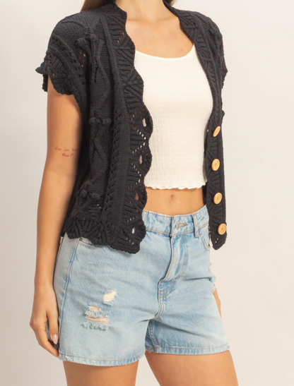 HyFVE / Double Zero Button-Front Crochet Sweater Vest | Black Short Sleeve Cardigan Top