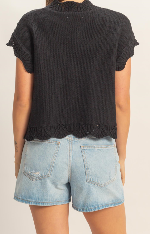 HyFVE / Double Zero Button-Front Crochet Sweater Vest | Black Short Sleeve Cardigan Top