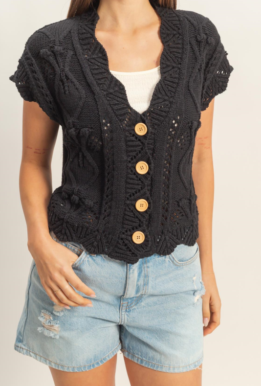 HyFVE / Double Zero Button-Front Crochet Sweater Vest | Black Short Sleeve Cardigan Top