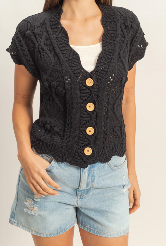 HyFVE / Double Zero Button-Front Crochet Sweater Vest | Black Short Sleeve Cardigan Top