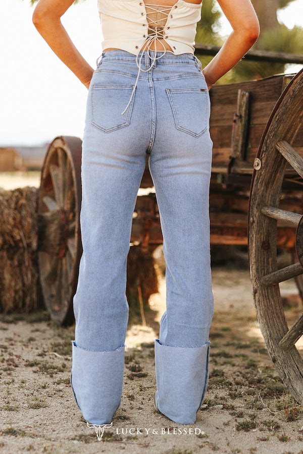 Light Wash High Rise Square Pocket Cuffed Wide Leg Jeans – 32" Inseam