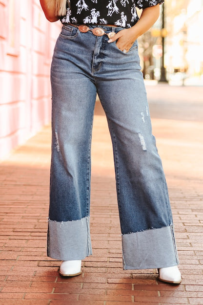 Women’s boutique denim with cuffed hem and wide leg style
