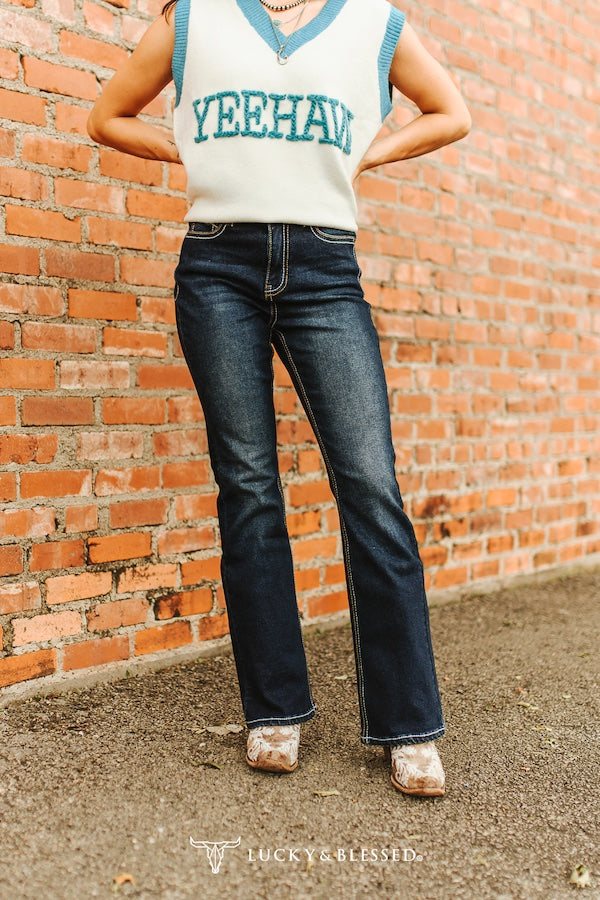 Lucky & Blessed Dark Wash High Rise Boot Cut Jeans with Embroidered Pockets – 32” Inseam