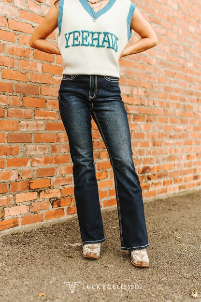 Lucky & Blessed Dark Wash High Rise Boot Cut Jeans with Embroidered Pockets – 32” Inseam