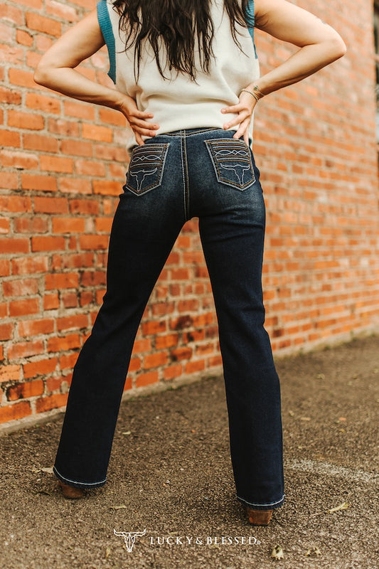 Lucky & Blessed Dark Wash High Rise Boot Cut Jeans with Embroidered Pockets – 32” Inseam