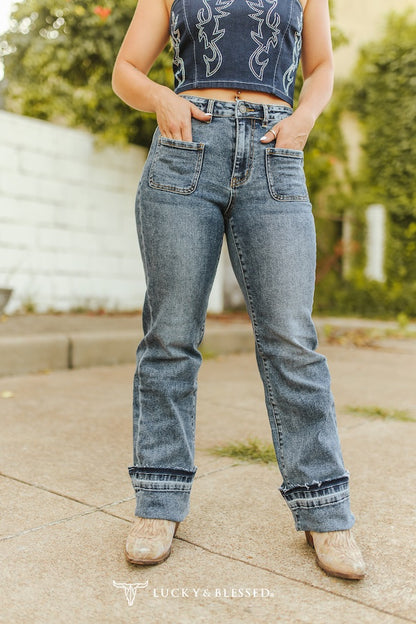 Dark Stone Wash Cuffed Flare Jeans | Lucky & Blessed Mid-Rise Trouser Denim
