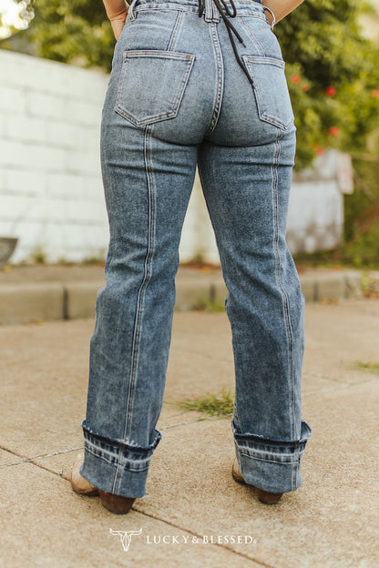 Dark Stone Wash Cuffed Flare Jeans | Lucky & Blessed Mid-Rise Trouser Denim