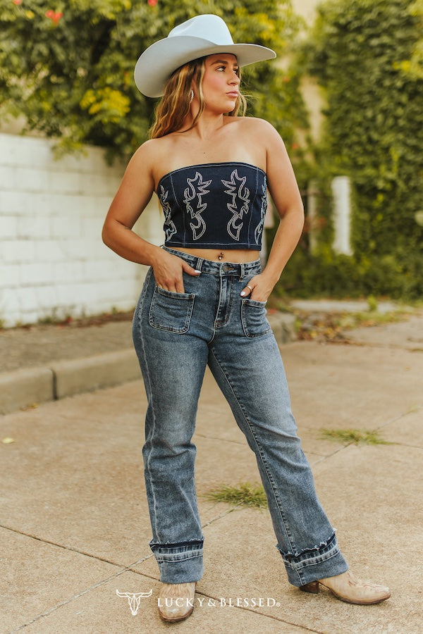 Dark Stone Wash Cuffed Flare Jeans | Lucky & Blessed Mid-Rise Trouser Denim