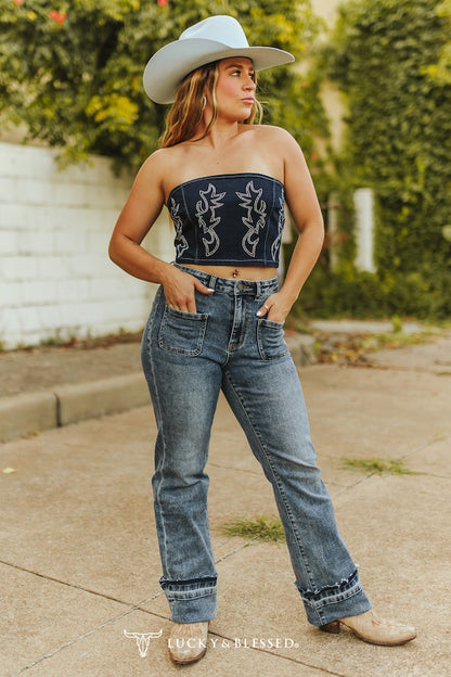 Dark Stone Wash Cuffed Flare Jeans | Lucky & Blessed Mid-Rise Trouser Denim