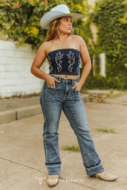 Dark Stone Wash Cuffed Flare Jeans | Lucky & Blessed Mid-Rise Trouser Denim
