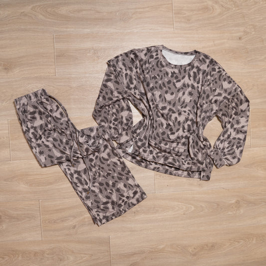 Neutral leopard print two piece lounge set with long sleeve top and elastic waist bottoms