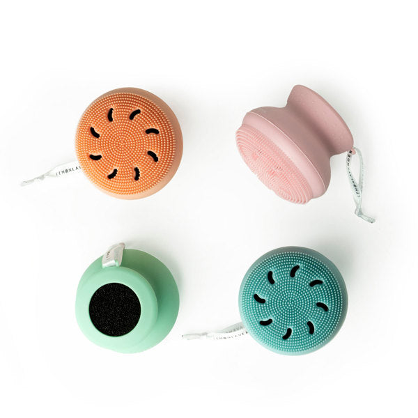 “Lemon Lavender silicone body scrubber in pastel color”

“Eco-friendly exfoliating brush with hanging loop and suction cup”

“Soft palm-sized silicone body scrubber for gentle cleansing”