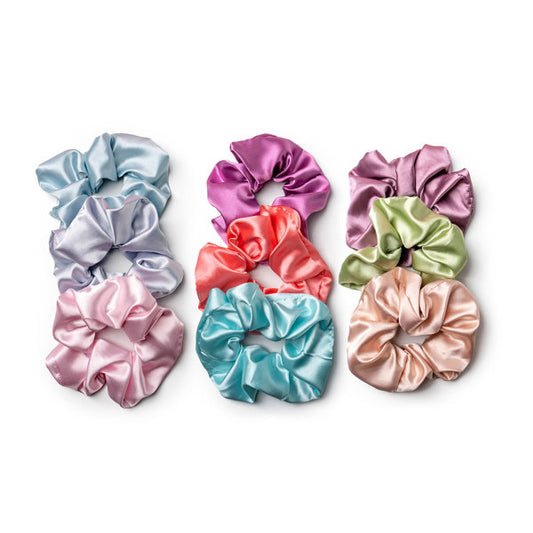 Lemon lavender mane squeeze scrunchies pack front view – oversized satin hair ties
Lemon lavender mane squeeze scrunchies styled hair view – satin scrunchies in ponytail
Lemon lavender mane squeeze scrunchies styled wrist view – pastel satin accessory pack
Lemon lavender mane squeeze scrunchies fabric close‑up – smooth satin texture detail
Lemon lavender mane squeeze scrunchies flat lay – three pastel satin scrunchies display
