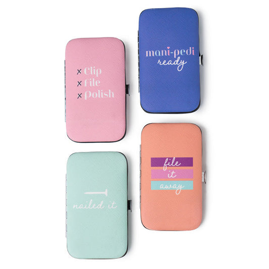 Four nail care cases in different colors with text on a white background