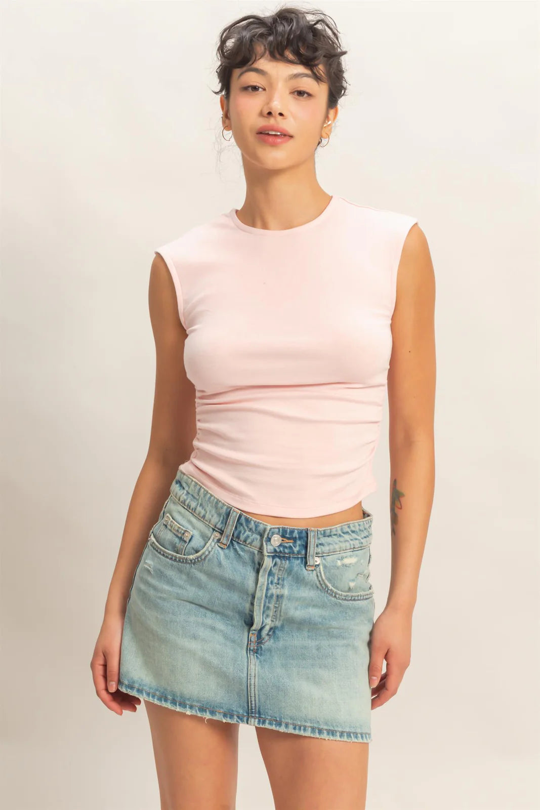Ruched Waist Cap Sleeve Knit Top – Fitted Side Ruched Stretch Cotton Tank