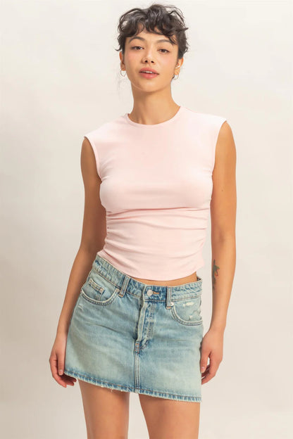 Ruched Waist Cap Sleeve Knit Top – Fitted Side Ruched Stretch Cotton Tank