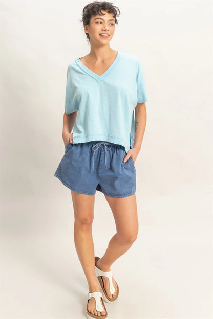 Washed Away Oversized V Neck Tee – Acid Wash Raw Edge Cotton Top