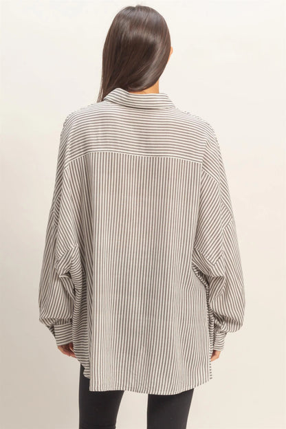 Pinstripe & Poise Oversized Striped Button-Up Shirt with Pockets