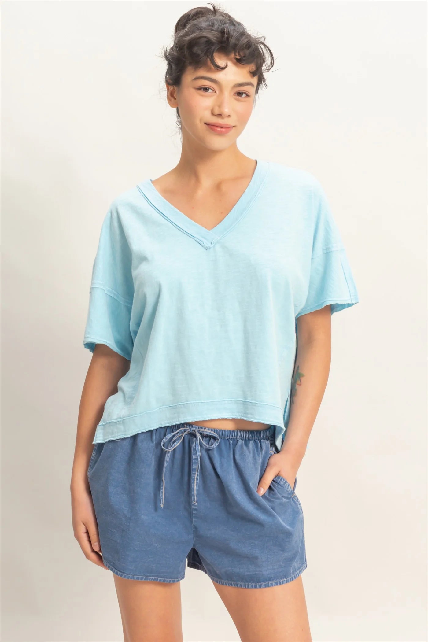Washed Away Oversized V Neck Tee – Acid Wash Raw Edge Cotton Top