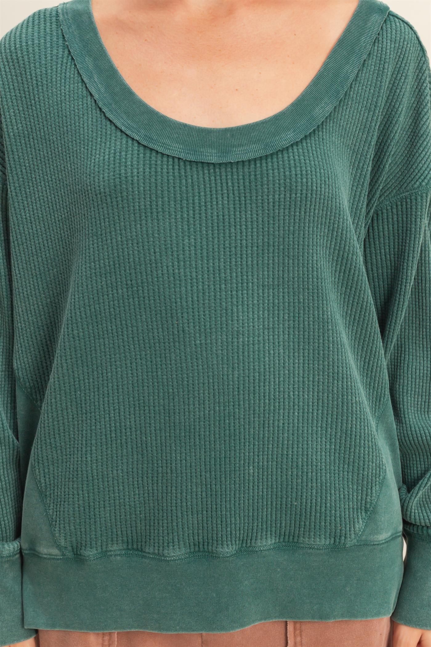 HYFVE Scoop Neck Waffle Knit Top – Mineral Washed, Relaxed Long Sleeve