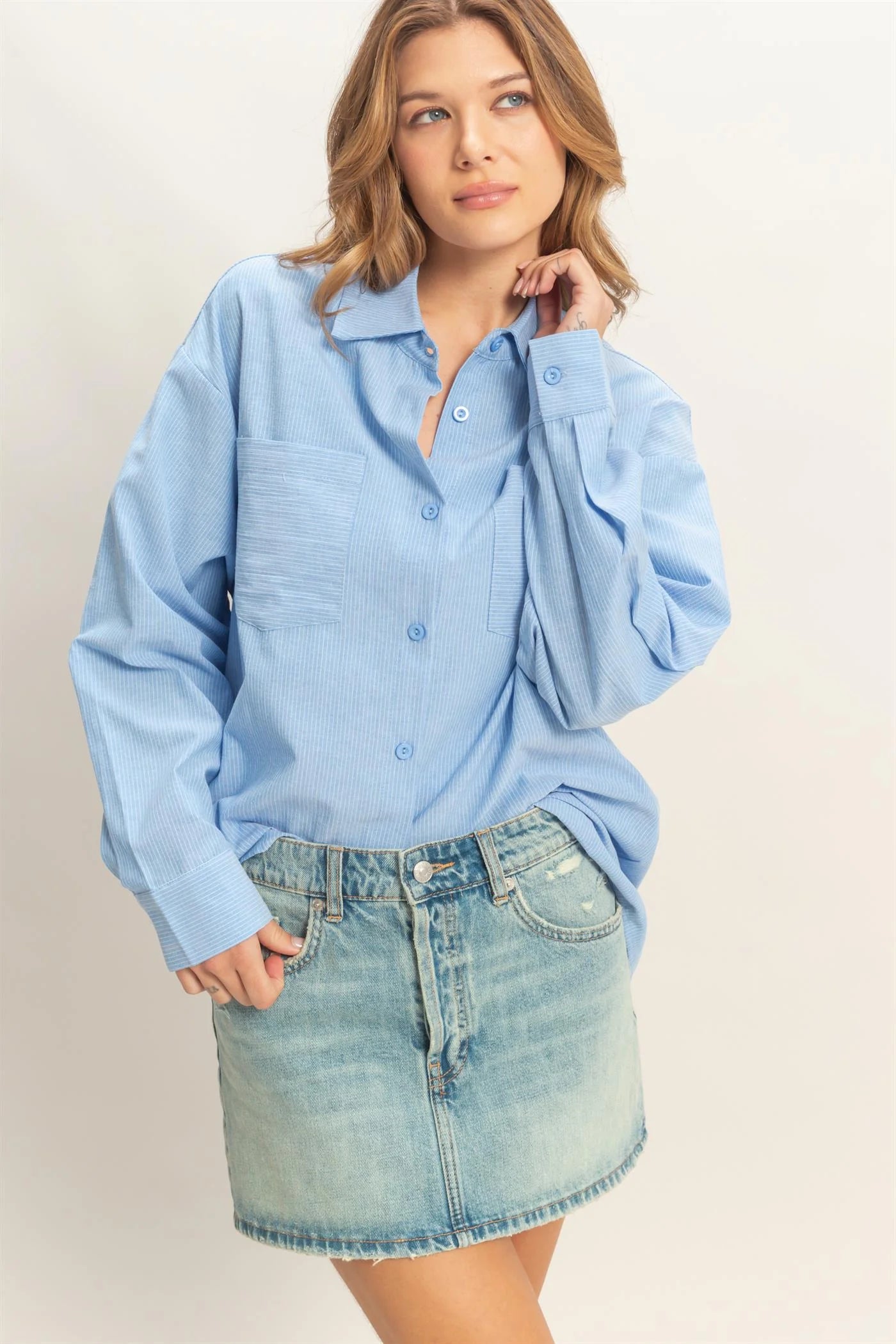 Blue Skies Oversized Button Up Shirt – Relaxed Pocket Front Blouse