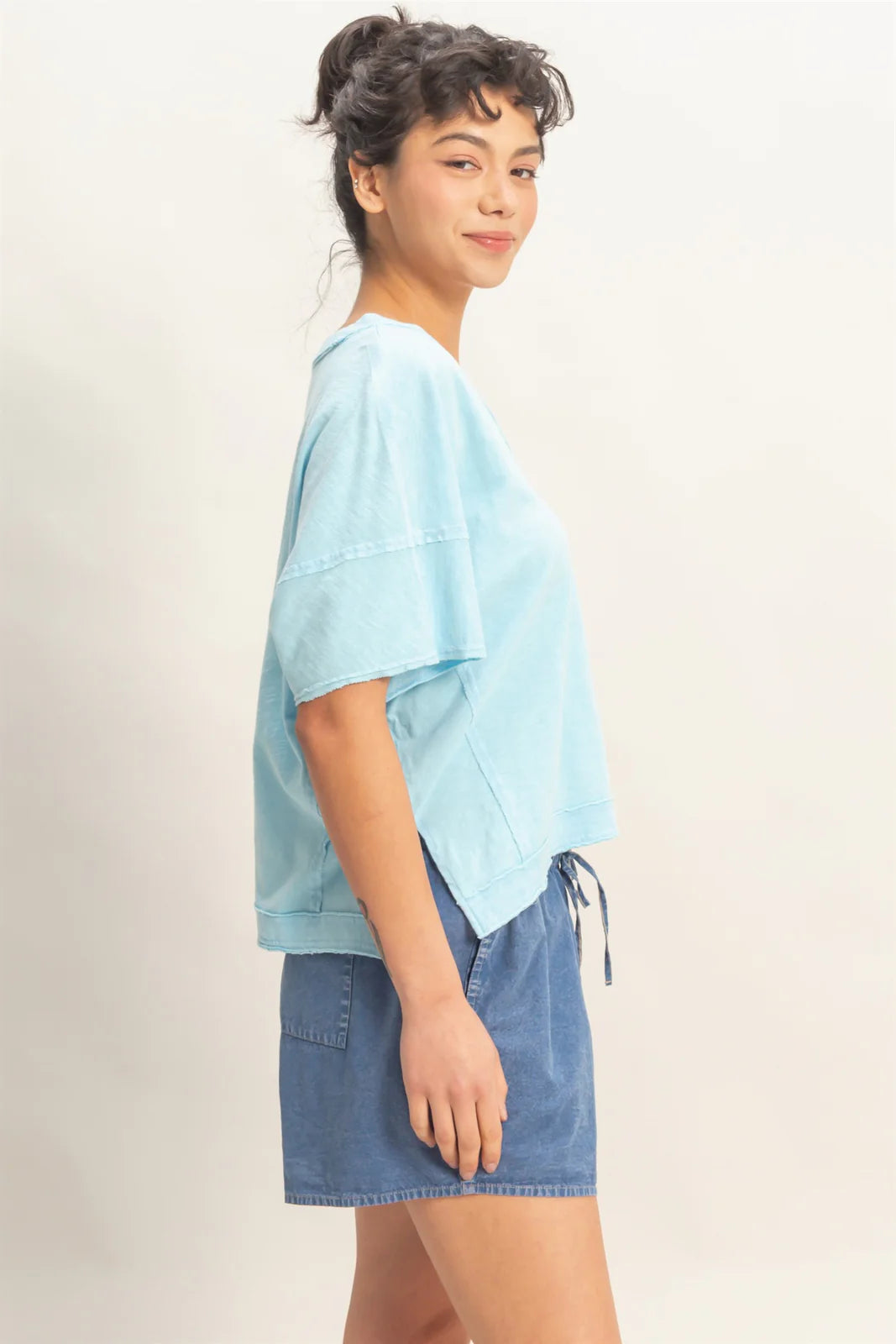 Washed Away Oversized V Neck Tee – Acid Wash Raw Edge Cotton Top