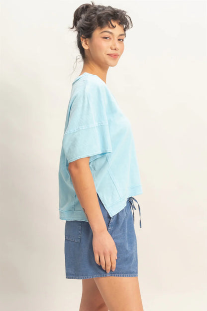 Washed Away Oversized V Neck Tee – Acid Wash Raw Edge Cotton Top