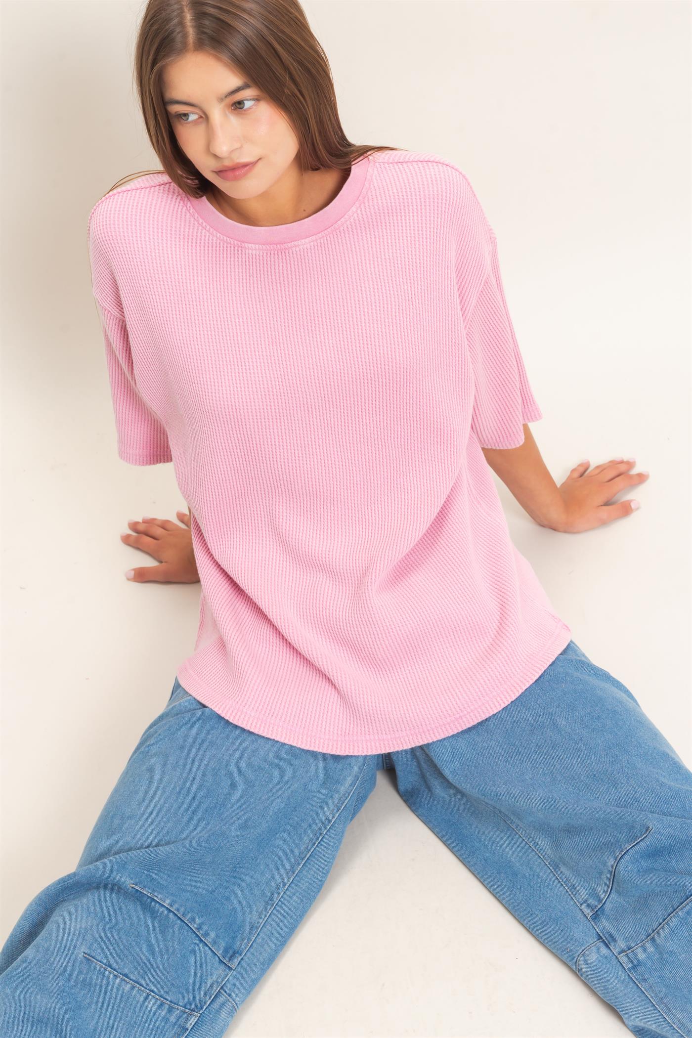 Mineral Wash Waffle Crew Neck Top by Double Zero | Short Sleeve Boutique Tee