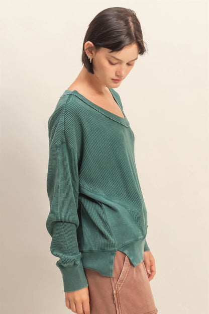 HYFVE Scoop Neck Waffle Knit Top – Mineral Washed, Relaxed Long Sleeve