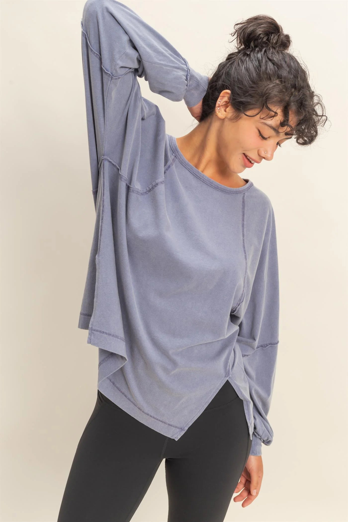 HYFVE Washed Oversized Long Sleeve Top – Side Slit Relaxed Fit