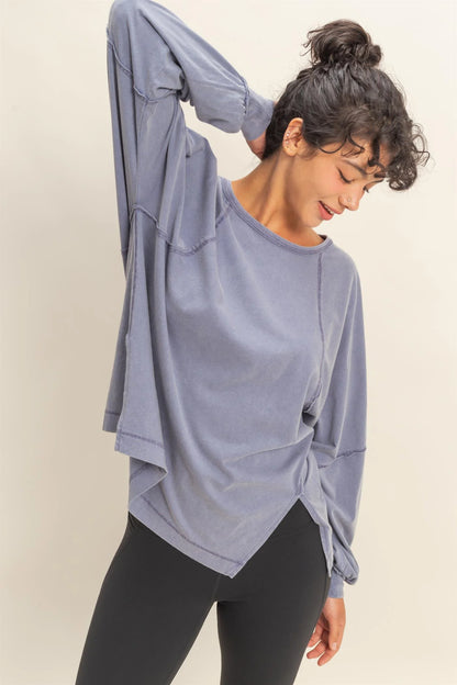 HYFVE Washed Oversized Long Sleeve Top – Side Slit Relaxed Fit