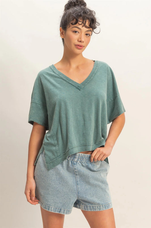 Washed Away Oversized V Neck Tee – Acid Wash Raw Edge Cotton Top