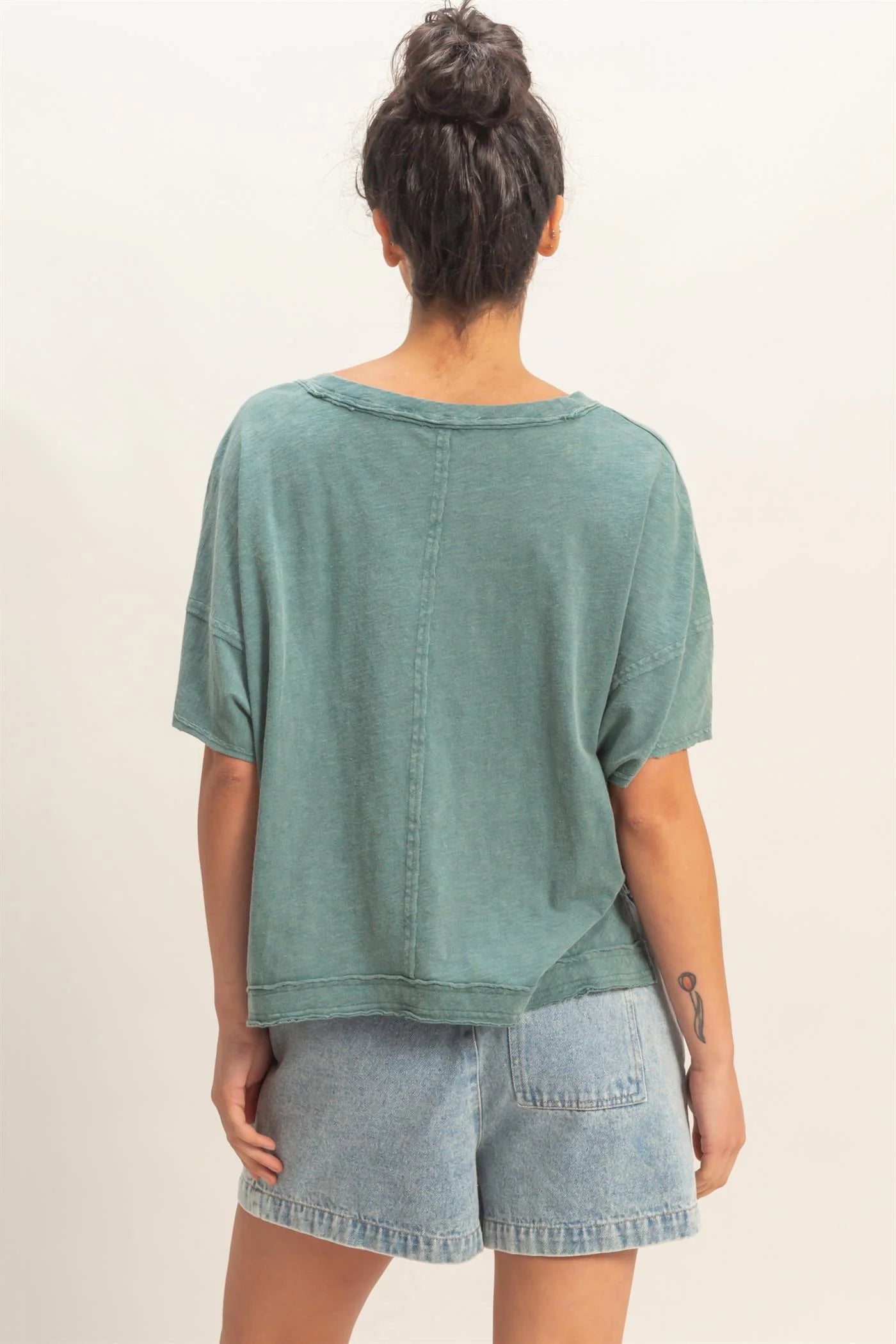Washed Away Oversized V Neck Tee – Acid Wash Raw Edge Cotton Top