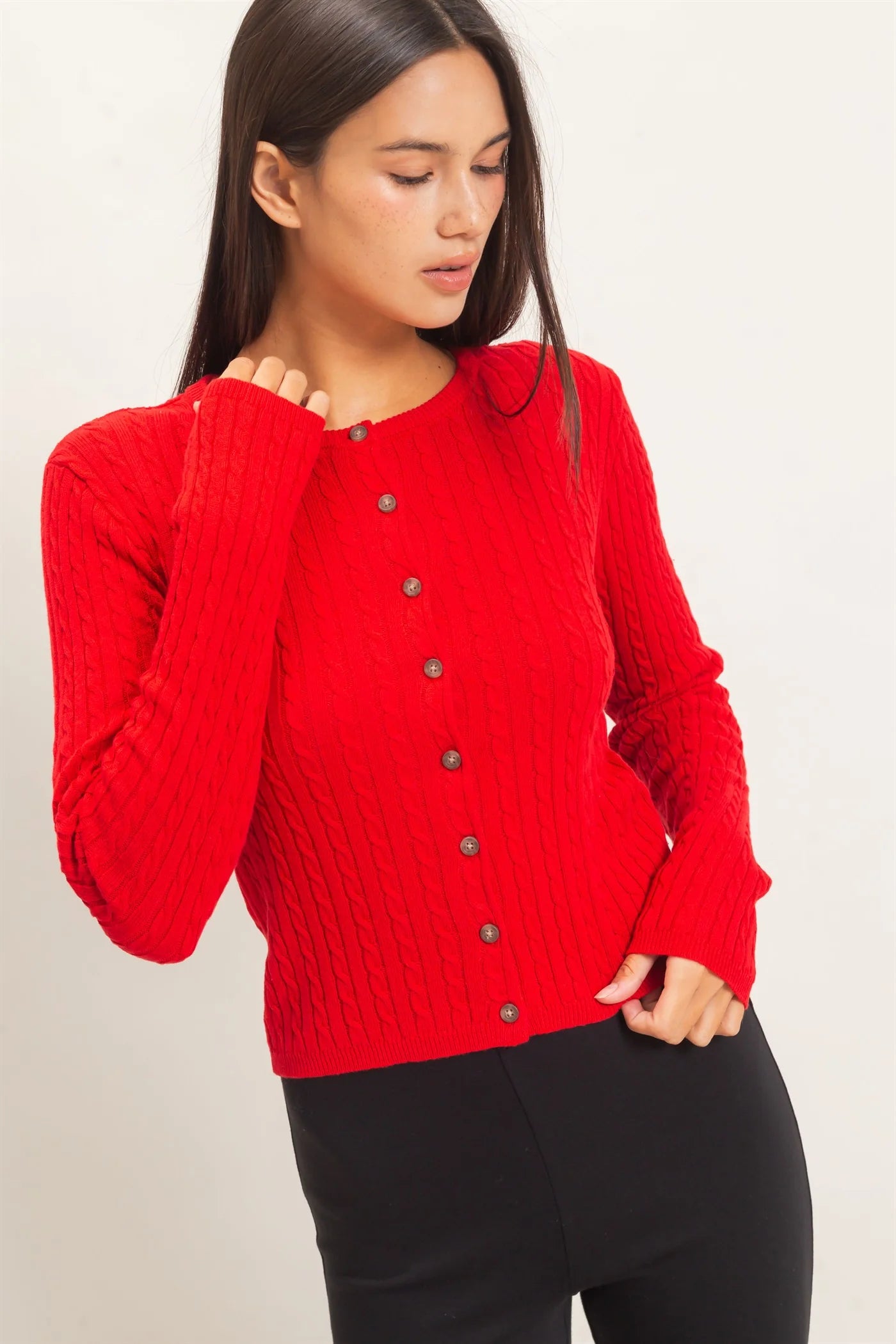 Cable Knit Cardigan by Double Zero | Button Front Fitted Sweater Cardigan